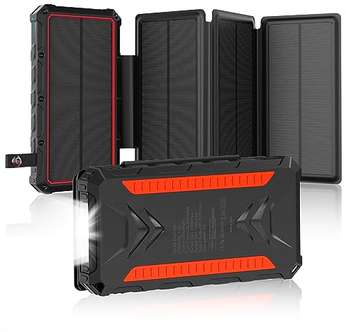 Solar Charger 20000mAh Solar Power Bank with Dual 3A Outputs Fast Charging Portable Charger, 4 Solar Panels External Battery Pack Waterproof and Flashlights for Phone,Tablet,Outdoor,Camping (Red)