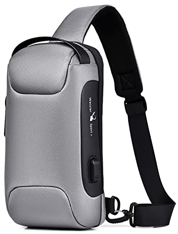 FANDARE Brusttasche Diebstahlschutz Sling Bag Herren Damen Umhängetaschen mit USB-Ladeanschluss Schultertasche Crossover Rucksack Daypacks für Reisen Wandern Mehrere Taschen Crossbody Pack Grau