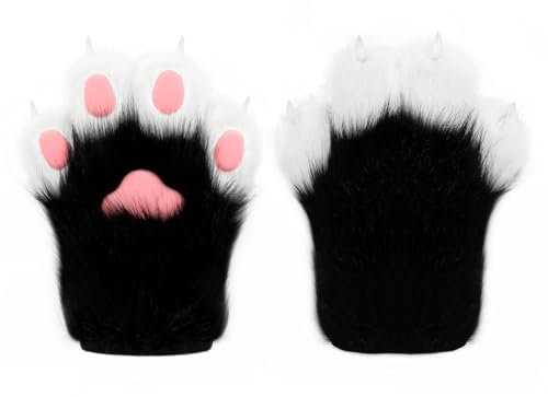 hbbhml Kunstpelz Plüsch pelzige Katze Kralle Handschuhe Fursuit Tier Fuchs Pfoten Fäustlinge Halloween Kostüm Zubehör für Erwachsene
