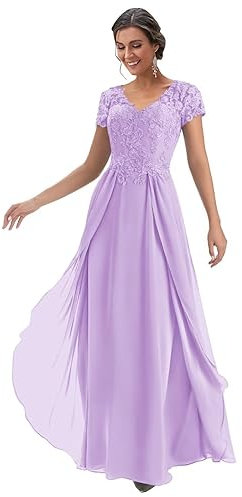 Manches courtes en dentelle Appliques Robes de mère de la mariée pour mariage en mousseline de soie A-Line longue robe formelle, lilas, 36