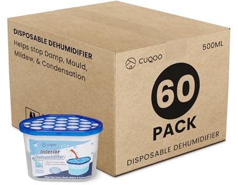 CUQOO Disposable Dehumidifier - 500ml Pack of 60, Damp & Moisture Absorber, Dehumidifiers for Damp, Mould, Kitchen, Wardrobe, Bedroom, Caravan, Office, Garage, Bathroom Condensation Remover