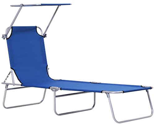 Outsunny Sonnenliege klappbar Gartenliege mit Dach, Liegestuhl mit 4-Fach verstellbare Rückenlehne, wetterfeste Campingliege bis 120 kg belastbar, für Garten Strand Pool, Blau