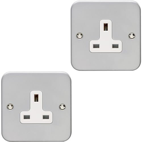 2 PACK 1 Gang Single 13A Unswitched UK Plug Socket HEAVY DUTY METAL CLAD Power - Decorative Douple Pole Metal Mains Wall Plate