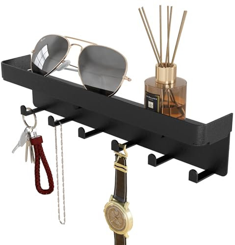 SZUGCOTD Key Holder for Wall Rustic Key and Mail Organizer 6 Key Hooks with Shelf Small Key Rack with Tray Adhesive Key Hanger Wall Mount for Entryway Hallway Living Room Decor, Metal, Matte Black