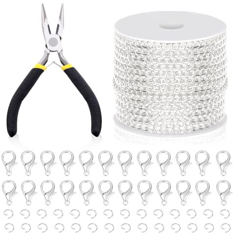 Swpeet 102Pcs Silber 3mm um 10 Yard Länge Schmuck Herstellung Ketten Kit mit Jump Ringen, Hummer Verschlüsse und Schmuck Zange, Halskette Ketten Kabelglied Kette Bulk Ideal für DIY Kette Herstellung