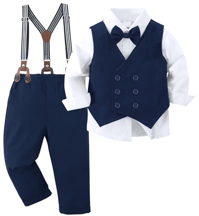 Amissz Garçon Gentleman Vêtements Ensembles 6-10 Ans, Enfant Mariage Baptême Tenue Costume Haut Chemise+Gilet+Pantalon+Nœud Papillon
