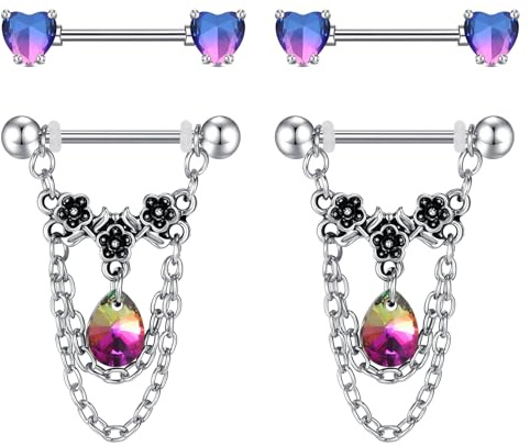 AVYRING 2 Paare Nippelringe, Silberne Nippel-Barbells mit blumenverzierten Kristallketten, Edelstahl-Nippelstäbe mit Herz-CZ, 14G Nippelpiercing-Schmuck für Frauen Liebhaber Valentinstag, Regenbogen