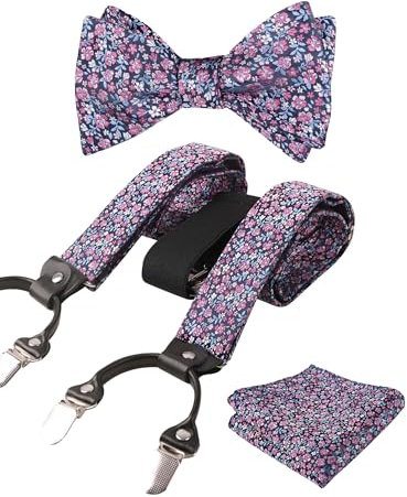 Alizeal Set di bretelle da uomo con papillon classico colorato con motivo floreale, fazzoletto e Y regolabili, 6 clip, Blu navy + rosa acceso, Taglia unica