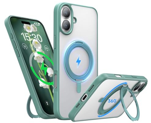 Niunisi Stand for iPhone 16 Case, [Compatible with Mag Safe] 360° Rotatable Ring Holder Kickstand Military Shockproof Protective Case for iPhone 16 6.1 Inch, Green