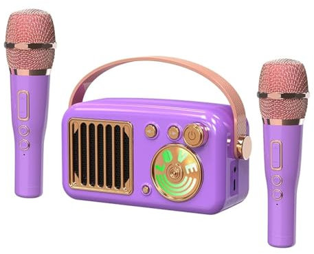 Karaoke Machine for Kids Adults, 15W Mini Handheld Bluetooth Karaoke Speaker &2 Wireless Microphone& Lights,9H Playtime,AUX&TF-Card Input,Bluetooth 5.3, Birthday Gifts for Girls Boys (Purple)