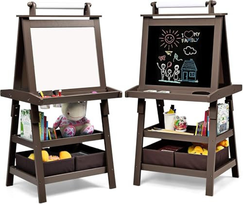 GOPLUS Tableau Enfant Double Face, Chevalet Enfant avec Tableau Blanc/Noir Magnétique Effacable, Rouleau de Papier 2 Boîtes de Rangement, pour 3+ Ans (Café)