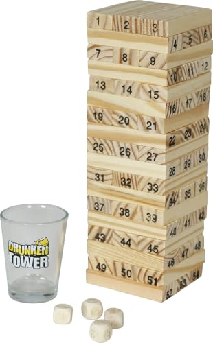 FIESTAS GUIRCA | Balance Turm Trinkspiel mit Holzblöcken und 4 Bechern - Lustiges Gadget für Bierpartys und Feiern - Ideal für Trinkspiele und Unterhaltung - Mehrfarbig