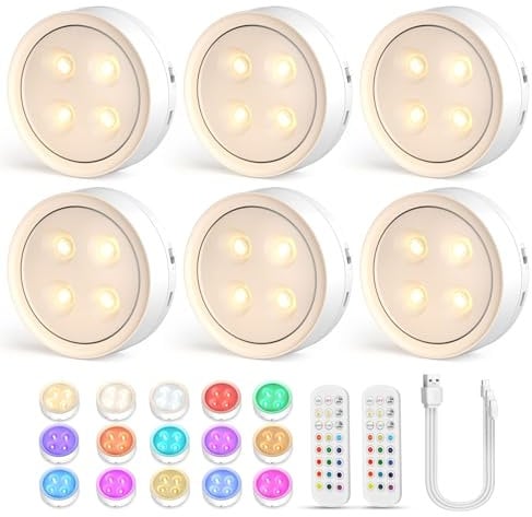 Onumii Under Cabinet Kitchen Lights Rechargeable LED Puck Lights with Remote Magnetic Under Cupboard Lights, Stick on Wardrobe Lights Under Counter Lights Wireless Battery Lights, 6 Pack - White