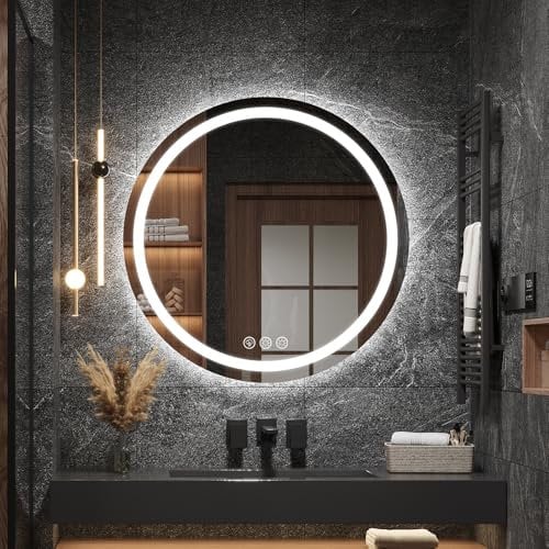 Ratsamee Badezimmerspiegel mit Beleuchtung, 60cm Runder Spiegel mit Beleuchtung, Wandspiegel mit Frontbeleuchtung, Antibeschlagfunktion, Dimmbar, mit 3 Einstellbaren Lichtfarben