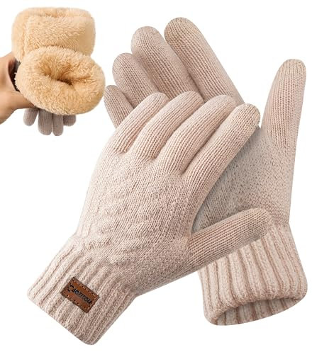 CAOZITOU Handschuhe Damen, WinterHandschuhe Herren Warme mit Fleecefutter, Alpaka Wollhandschuhen Touchscreen Thermo Thicken Stricthandschuhe (Beige