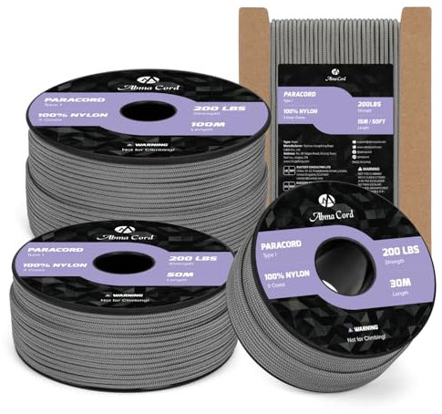 Abma Cord Paracorde 2mm 100m Corde Nylon 3 Brins Type I pour Bricolage, Camping, Extérieur - Max. 90kg (200lbs) - Gris Anthracite
