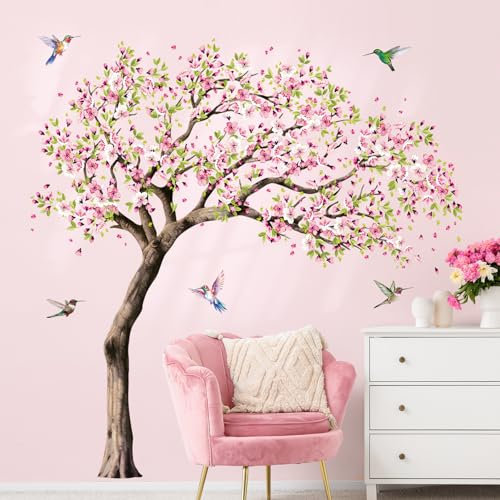 Supzone Wandtattoo Groß Baum Kirschblüte Wandaufkleber Blume Rosa Wandsticker Kirschbaum Vögel Kinderzimmer Mädchen Wohnzimmer Schlafzimmer Wanddeko (H: 62 in/ 158 cm)