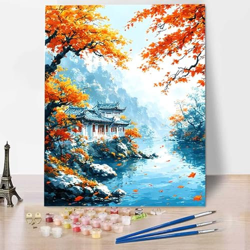Landschaft Diy Malen Nach Zahlen Erwachsene Herbst Malen Nach Zahlen Bild für Erwachsene Groß Diy Ölgemälde Kit für Anfänger, Malen Nach Zahlen Kinder Knitterfreie Leinwand (Rahmenlos) 60x80cm M-0