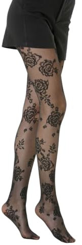 PLH PrettyLoveHose Collant Voile Noir Jacquard Motif Fleur Big Rose