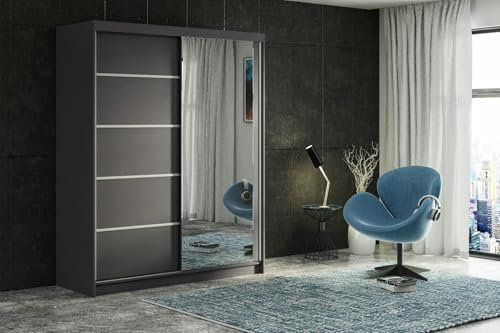 ELUKS CARLI Modern Sliding Door Wardrobe with Mirror, 2 or 3 Doors, 4 colours: WHITE/BLACK/OAK/GREY 5 sizes: 100cm/120cm/150cm/180cm/200cm (Grey, 120cm 2 Drawers)