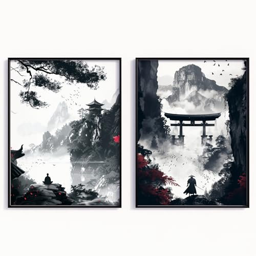 MJ-GRAPHICS® Poster Set Samurai Poster Krieger Schwarz-Weiß Japan Kunstdruck japanische Krieger Wandbild Gaming Bild Samurai Zen Dekoration Katana Fans Kampfkunst Poster – A2 Ohne Rahmen