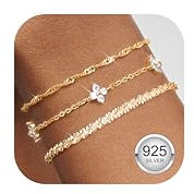 Finrezio 3 Stück Armband Damen Gold 14 Karat Vergoldet Stapelarmbänder Sterling Silber 925 Armbänder Cubic Zirkonia Armbänder Verstellbare Armband Set Gold Schmuck für Damen