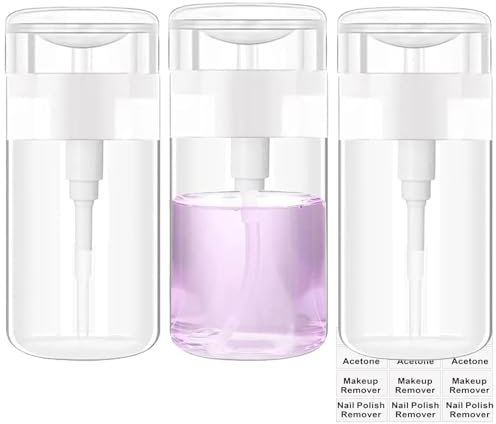 Moonlik 3Pack Acetone Dispenser, Push Down Pump Dispenser Nail Polish Remover Alcohol Bottle with Labels Empty Travel Container with Label for Makeup Liquid Jar 10oz/300ML