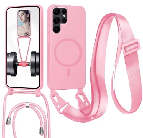 GoodcAcy Coque pour Samsung Galaxy S24 Ultra avec Cordon, Etui avec Collier - Tour de Cou Lanière en Corde - Silicone Housse avec Réglable Chaine pour Galaxy S24 Ultra,Bandouliere Coque,Rose