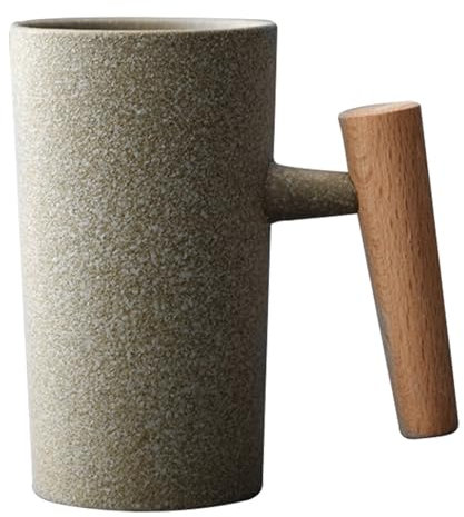 Taza de cerámica para café de 7.4 oz tazas vintage con mango de madera exquisitas tazas de café de gres aptas para lavavajillas y microondas taza de té de cerámica para el hogar estilo piedra rugosa