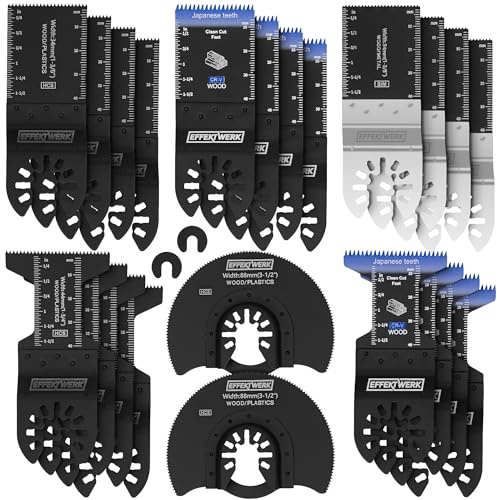 25 pcs Multitool Saw Blade Set for Cutting Wood, Plastic, Metal w/Adapters | EffektWerk durable HCS blades fit most oscillating tools and vibrating cutters with bosch / dremel adapters - sharp teeth