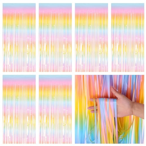 Euablfo 6 Stück Lametta Vorhang,1m x 2m Glitzervorhang Lametta, Bunt Regenbogen Deko Luftschlangen,Glitzervorhang Lametta, Glitzer Deko für Party Deko Geburtstag, Fotovorhang Geburtstagsdeko Party