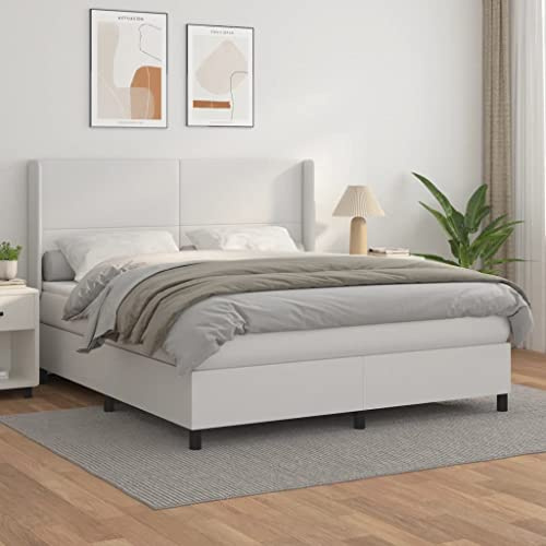 QJBSAVVA Boxspringbett 180x200 cm Weiß Kunstleder Kopfteil höhenverstellbar Taschenfederkernmatratze & Topper Modernes Schlafsofa für Schlafzimmer Doppelbett