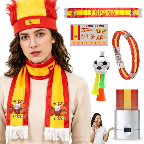 Fußball WM 2026 Fanartikel Fanset 6 Teilig- Fan Schal, Schminkstift Fahne, Stirnband Perücke, Lederarmband, Horn, Fan Tattoo für Herren&Damen Stadion Fußballspiele & Public Viewing Party (Spanien)