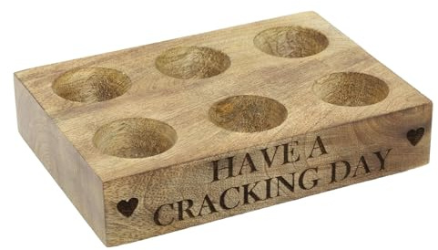 Mango Wood Egg Rack for 6 Eggs, 17cm Wooden Egg Holder Tray Rustic Kitchen Egg Storage Cracking Day