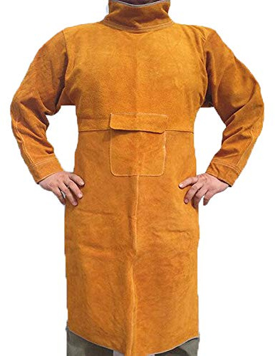 Jewboer Leather Welding Apron with Sleeves,Heavy Duty Welding Jacket,Heat Flame Resistant Welder Apron for Men,L
