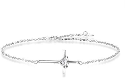 YZSFMZGE Bracelet De Cheville Croix pour Femme En Argent Sterling 925 Bracelet De Cheville Croix Réglable (Grand Bracelet) (Bracelet De Cheville Croix Coeur/Grand Bracelet)