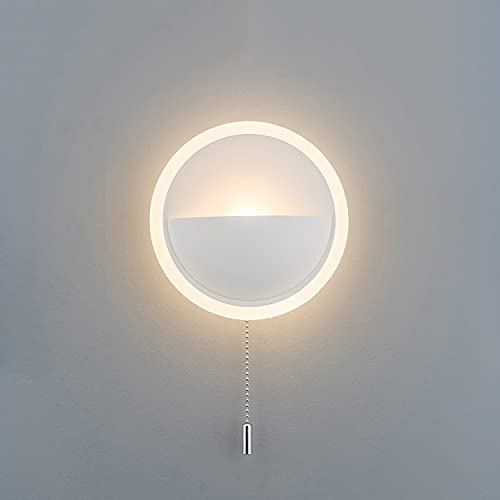 LED Innen Wandleuchte mit Zugschalter, 9W Rund Wandlampe Dimmbar 3 Beleuchtungsmodi 3000K Warm Licht Schlafzimmer Wand Nachttischlampe, Metall Acryl Wandbeleuchtung für Wohnzimmer Küche Flur,Weiß