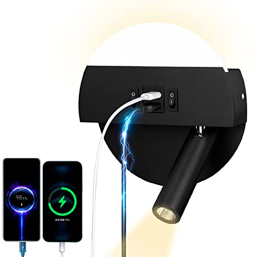 uksunvi LED lampe de lecture lampe murale USB type - C double interrupteur de bouche de charge réglable 12W spot LED 3000k lampe murale aluminium lit lumière pivotante (Lumière chaude ronde)