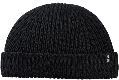 Enter the Complex® Kurze Fisherman Beanie, Docker Mütze, Herren und Damen, Trawler Beanie, 100% Merino Wolle, Rollmütze, Schwarz
