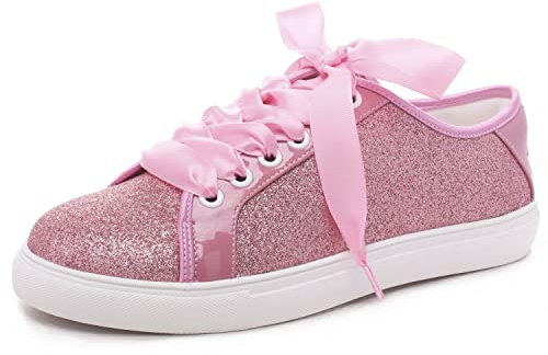 Elivandon 16051 Hochzeit Schuhe Bling Braut Turnschuhe Flats Braut Tennisschuhe Glänzende Pailletten Schuhe Funkelnde Turnschuhe Farbe Rosa,Größe 41 EU (7 UK)