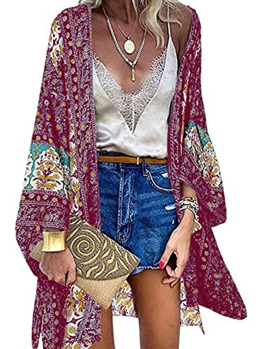 CheChury Kimono Cárdigan Floral Manga Larga Mujer Verano Blusa Suelta Boho Playa Ropa de Baño Casual Gasa Pareos Camisolas Chaqueta Chal Túnica