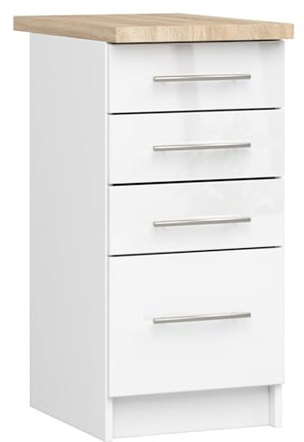 AKORD | Küchenschrank mit Arbeitsplatte - Oliwia S40 | Küchenunterschrank mit 4 Schubladen | Unterschrank Küche 40 cm Breit | ABS-Kante 18 mm | 46 x 40 x 85 cm | Weiß | Weiß glänzend