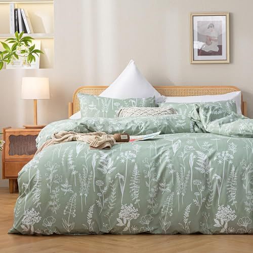 Tospass Bettwäsche 135x200 4 Teilig Blumen Blätter Pflanzen Muster Hellgrün Bettwäsche Set Floral Bettbezug Mikrofaser Wende Bettwäsche 2 Deckenbezug mit Reißverschluss 2 Kissenbezug 80x80 cm