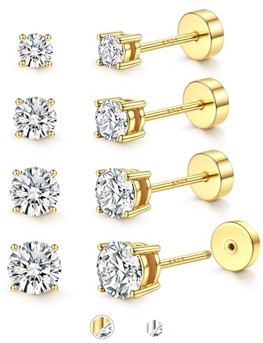 JeweBella 4 Paar Ohrstecker Silber 925 Damen Ohrringe Silber 925 Stecker | Hypoallergen Klein Kugel Punkt Cubic Zirkonia Ohrstecker Set für Damen Herren,Weißgold/14K Vergoldet Knorpel Ohrringe Set