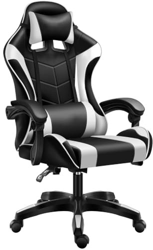 BAKAJI Sedia Poltrona Gaming Scrivana Ufficio Casa in Ecopelle Schienale Reclinabile Cuscino Lombare Poggiatesta Rotazione 360 Gradi Direzionale Altezza Regolabile Base 5 Ruote (Nero e Bianco)