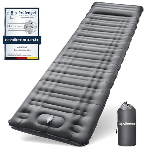 Arlierss Isomatte Selbstaufblasend,12cm Höhe Luftmatratze Camping mit Fußpresse Pumpe, Kompakte und Leichte Schlafmatte mit Kissen für Outdoor, Wandern, Reise, Strand-Grau
