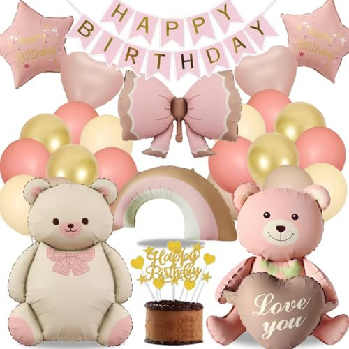 Geburtstag Mädchen Bär Deko Party, Luftballon Geburtstag Rosa Gold, Kindergeburtstag Deko Bär Liebe Regenbogen Bogen, Happy Birthday Banner und Tortendeko (Geburtstagsdeko Mädchen Set)