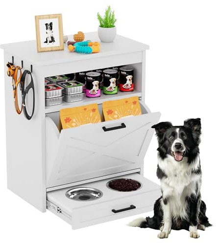 Modern Dog Food Storage Cabinet with 2 Elevated Doggy Bowls, Pet Feeding Station with Organizer, Tilt Out Pet Food Cabinet Furniture, White