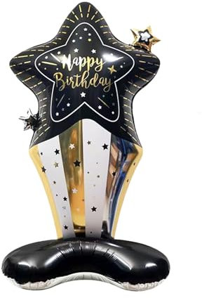 KOBOKO Stehend Folienballon Geburtstag, XXL Happy Birthday Ballon Schwarz Gold, Stern Geburtstagsballons Schwarz Gold, Helium Ballons Geburtstag, Happy Birthday Helium Ballon für Erwachsen Kinder Deko