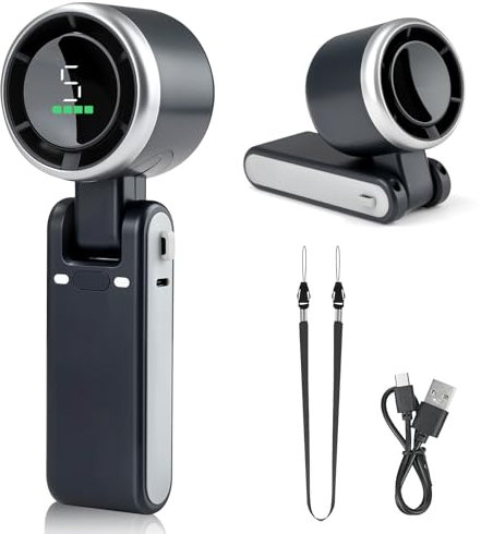 AHRLIC Portable Handheld Fan, USB Rechargeable Mini Personal Foldable Fan 5-Speed Turbo Fans with Digital Display,Neck Rope, Charging Cable, Portable Fan for Home Cooling, Outdoor, Travel, Office